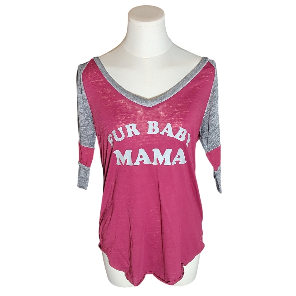 Fifth Sun Burgundy and Gray Fur Baby Mama Quarter Sleeve Tee Size Medium